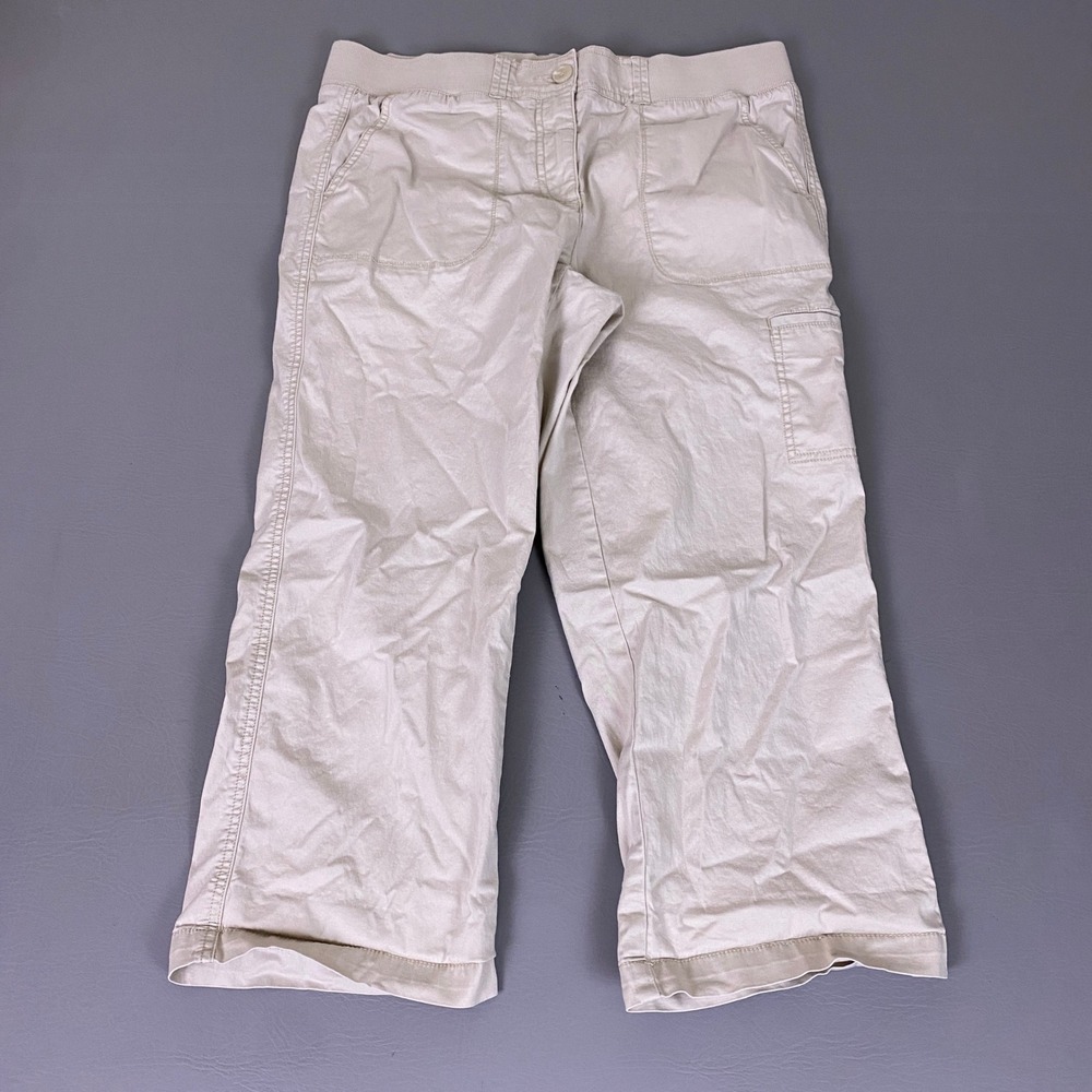 Ann Taylor LOFT Crop Cargo Pants Women's 12 Beige Khaki  Elastic Waist Utility
